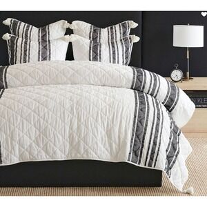 Pottery Barn Queen Quilt Comforter Black & White Charcoal Mesa Striped Blanket